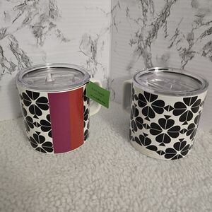 Kate Spade Black Floral Mugs with Red and Orange Stripe Set Of 2